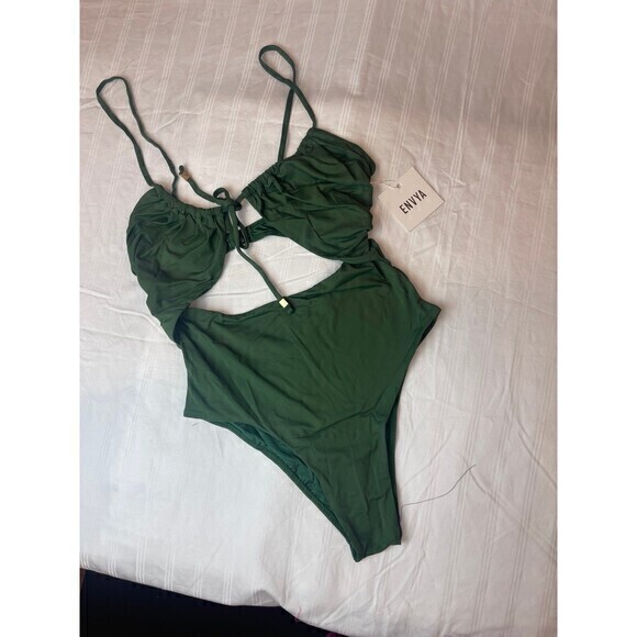 Envya Olive Front Tie 1 Piece Swimsuit Size Small RefN05 - Picture 4 of 7